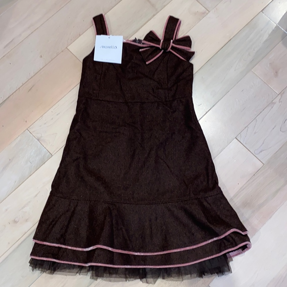 Simonetta Italy girls wool brown pink velvet trim bow ruffle bottom dress